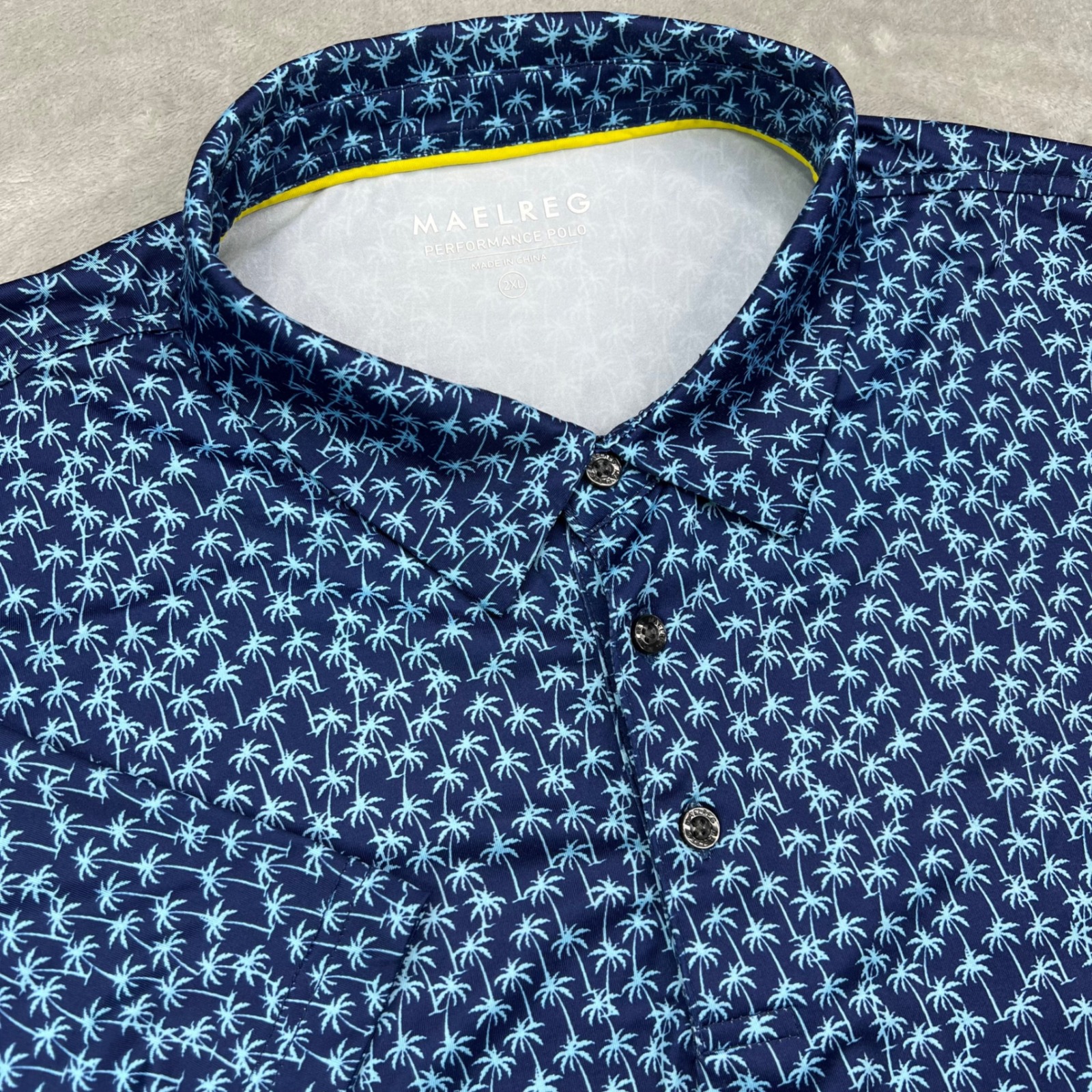 Maelreg Golf Polo Shirt Mens 2xl Navy Blue Palm Tree Print Performance Stretch
